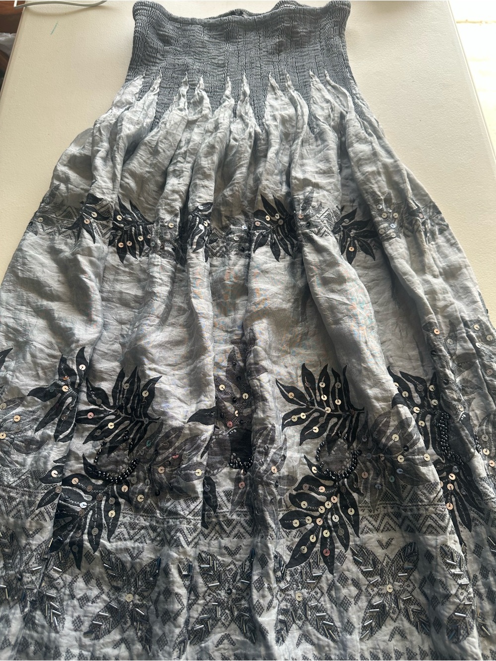 Smocked Waist Gray Floral Embroidered Maxi Skirt
